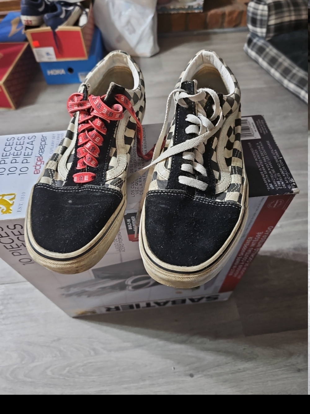 Vans Checkerboard Black and White Low-Top Sneakers with Red Accent Laces